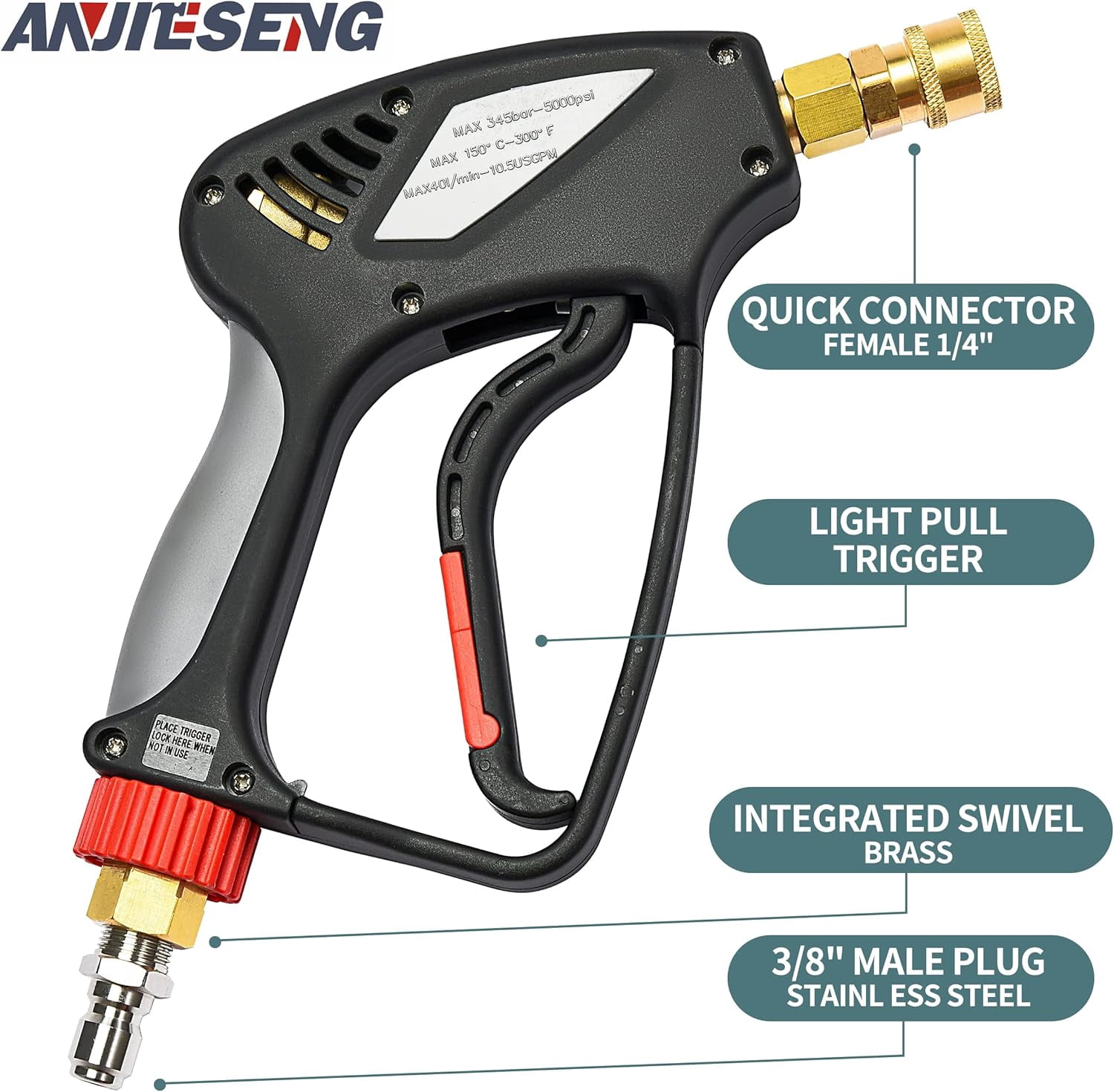 ANJIESENG Pressure Washer Pump 25.4  4400PSI 4.8GPM Water Pressure Pump for Gas Pressure Washer – 15L/min 0-300bar 1 Inch Shaft Horizontal Triplex PlungerShort Pressure Washer Gun with 360
