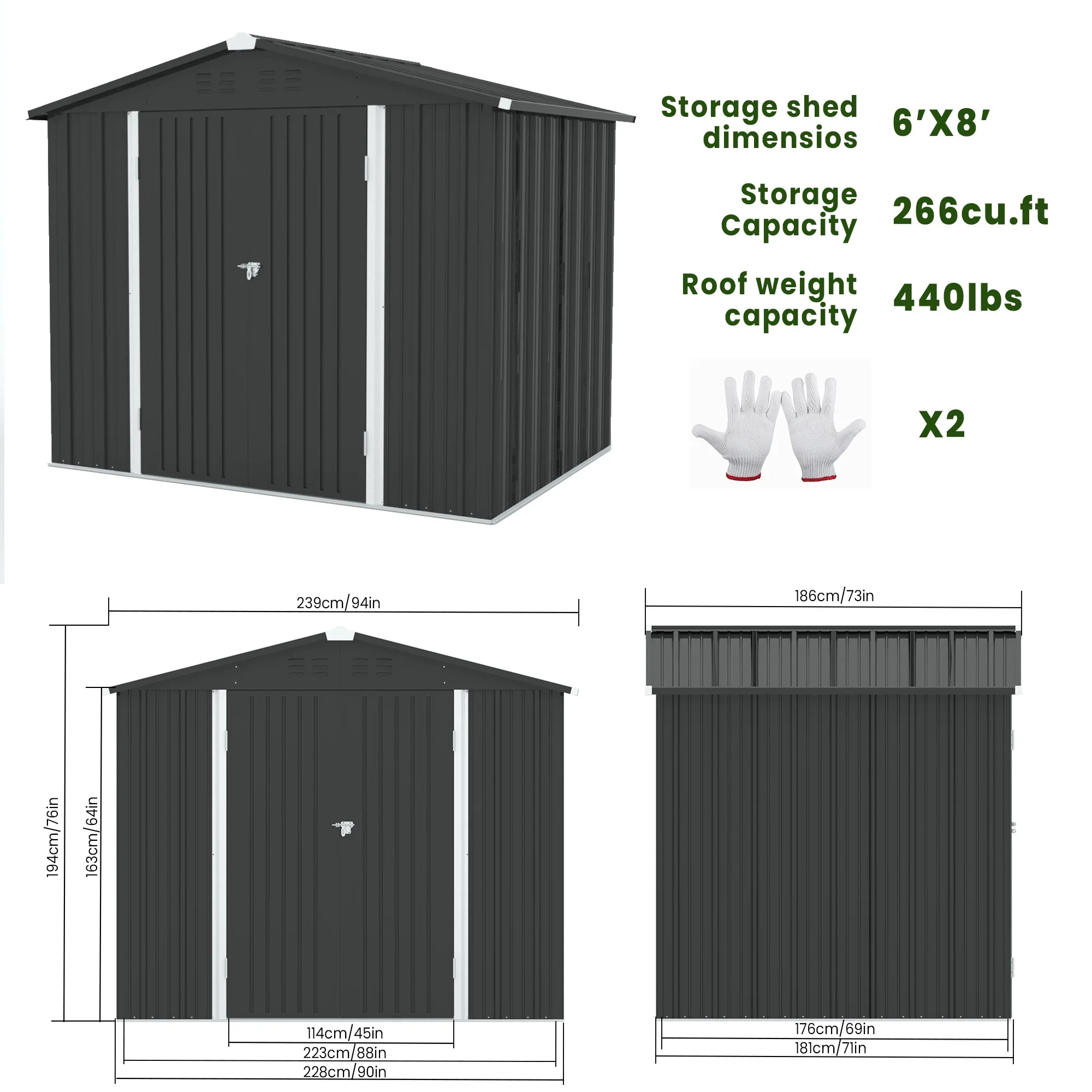 Sesslife 8' x 6' Outdoor Storage Shed, Patio Galvanized Steel Metal Shed with Lockable Doors, Garden Shed with Vents for Tools, Lawn Mover, Bike, Gray