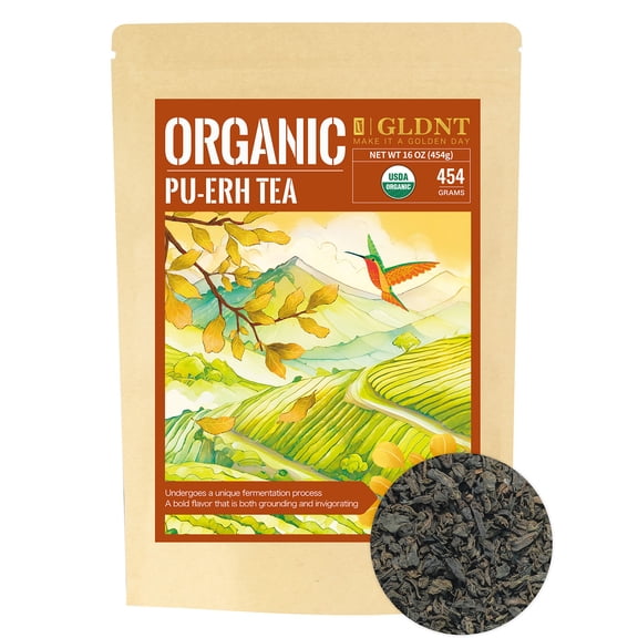 GLDNT Organic Pu-erh Tea, Yunnan Ripe Pu'erh Tea Loose Leaf, Fermented Dark Tea, Bold & Smooth Flavor, 16oz