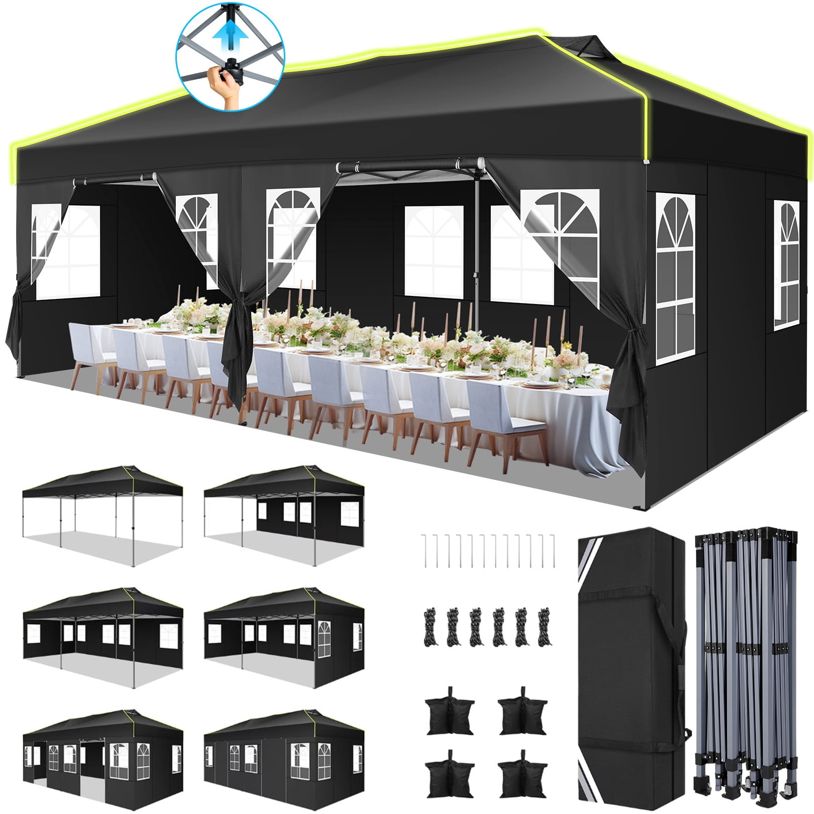 HOTEEL 10x20 Pop up Canopy Tent with 6 Sidewalls, Canopy for Outside Instant Waterproof Party Canopy Tent for Beach Garden Party Camping Outside with Air Vent,Reflective Strip,4 Sandbags,Black