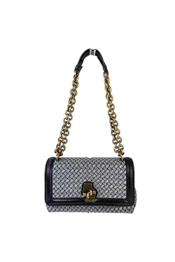 Pre-Owned Bottega Veneta Metallic Wool Woven Patent Ayers Olimpia Knot Silver Crossbody Shoulder Bag