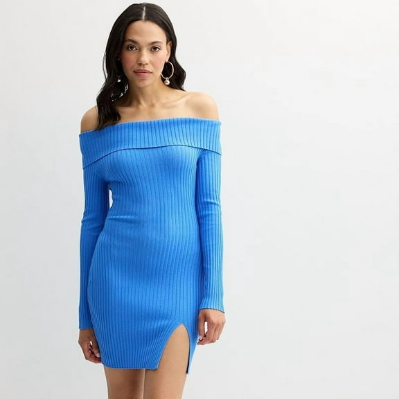 Juniors' madden girl Rib Knit Foldover Off-Shoulder Long Sleeve Bodycon Mini Dress