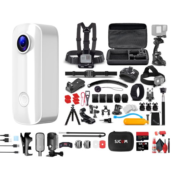 SJCAM C100 Plus Action Camera in White with 4K Video, EIS Stabilization, and Audio Recording, Bundle Including: 64GB Micro SD Card, 50-in-1 Action Kit, Card Reader, Card Wallet, and Micro USB Cable
