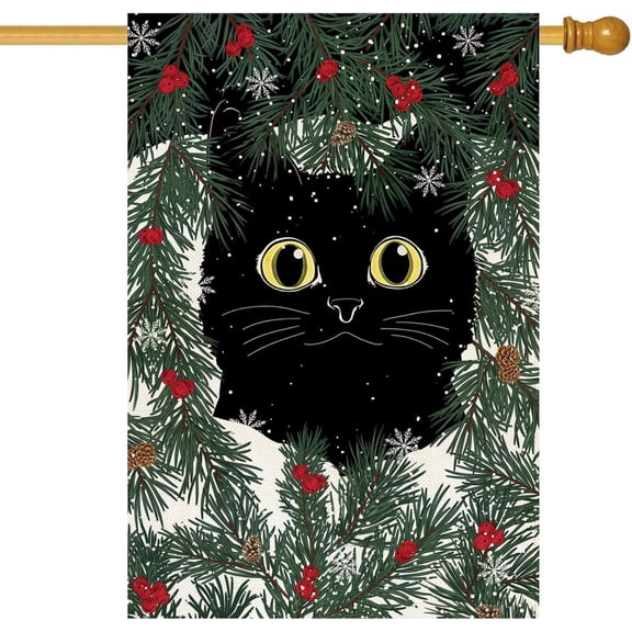 Christmas Winter Black Cat Garden Flag 28x40 Inch Double Sided Holly Berries Welcome Small Burlap Flag Xmas Farmhouse Outside Outdoor Holiday Yard Decoration