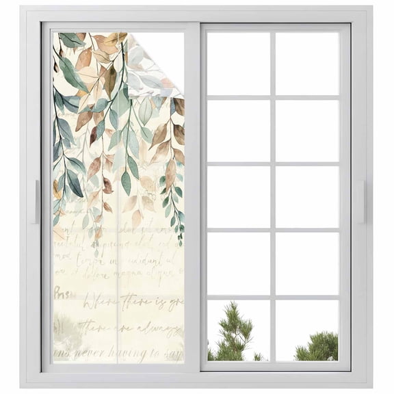 Green Brown Botanical Window Privacy Film, Farmhouse Eucalyptus Leaves Rustic Static Cling UV Sun Blocking Heat Control Window Tint, Non-Adhesive One Way Windows Privacy Cover 29.5''x78.7''