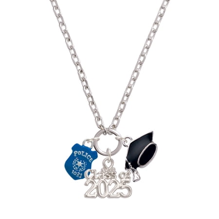 Delight Jewelry Silver-tone Blue Policeman's Badge - Silver-tone Class of 2025 Graduation Zoey Necklace, 28"