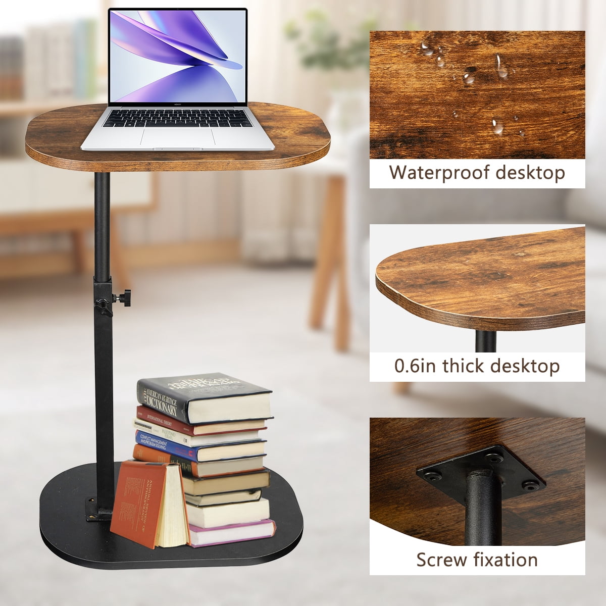 SolarSoda C Shaped Side Table, 360° Swivel End Table for Living Room, Height Adjustable(Brown)