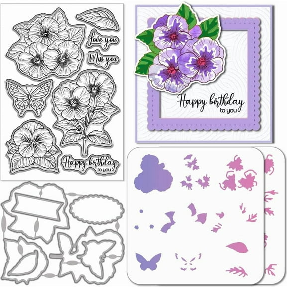 Pansy and Butterfly Clear Stamps Metal Floral Cutting Die Cuts Layering Flower and Insect PET Paint Craft Stencils for Card Making Scrapbooking Craft DIY Embossing