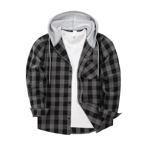 Men's Plaid Long Sleeve Shirt Men's Pocket Button Hooded Sweatshirt 2XL