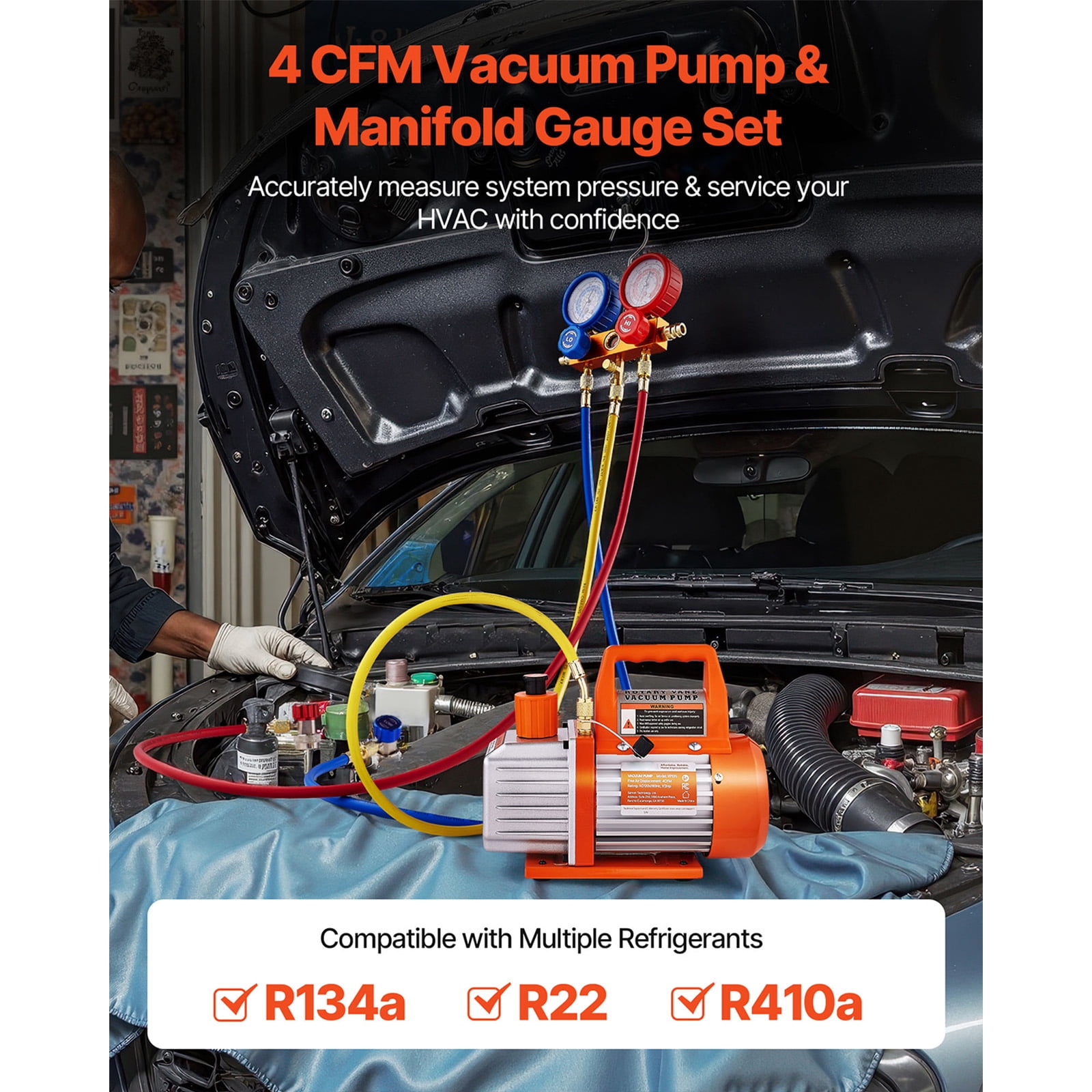 KFFKFF 4 CFM AC Vacuum Pump and Gauge Kit, 1/3 HP Single Stage Rotary Vane HVAC Pump, A/C Refrigerant Manifold Set with Leak Detector and Carry Bag, Compatible with R134a R22 R410a Refrigerants