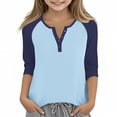 thumbnail image 1 of Cowsor Girl's Casual 3/4 Sleeve T Shirts Button V Neck Tunic Blouses Color Block Basic Tee Tops Loose Fit Summer Shirt, 1 of 6