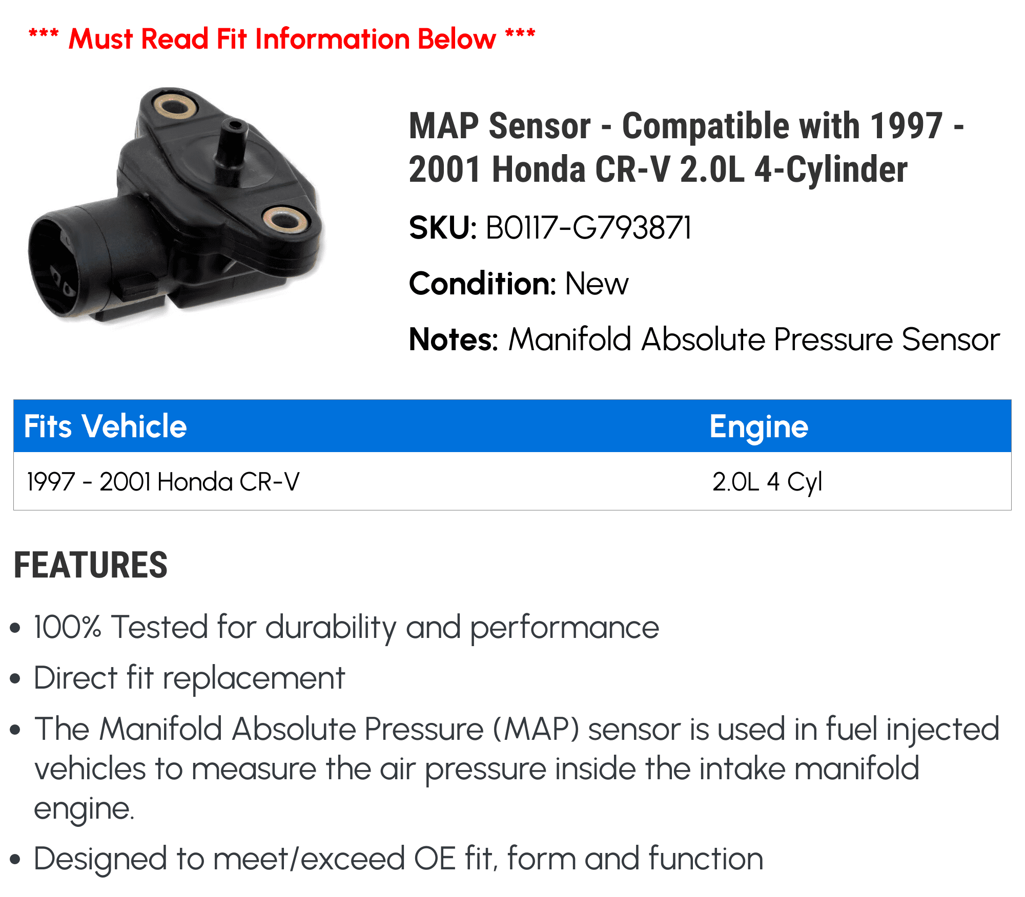 MAP Sensor - Compatible with 1997 - 2001 Honda CR-V 2.0L 4-Cylinder 1998 1999 2000
