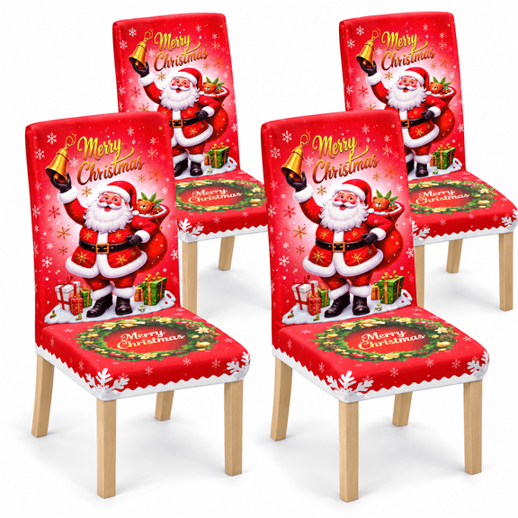 Christmas Dining Chair Covers, Set of 4, Red Santa Print, Stretch Washable Slipcovers