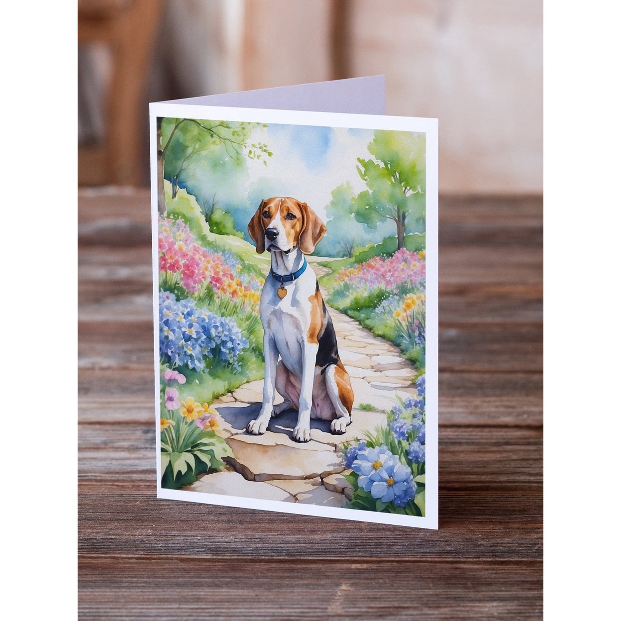 English Foxhound Spring Path Greeting Cards Pack of 8 7 in x 5 in