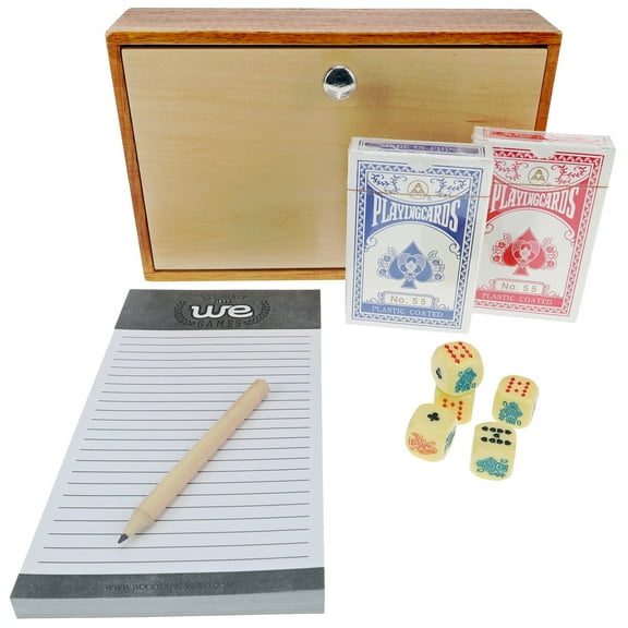 WE Games Aces & Spades, Card & Poker Dice, Wooden Box Walnut Stained Sides & Natural Top Color Finish