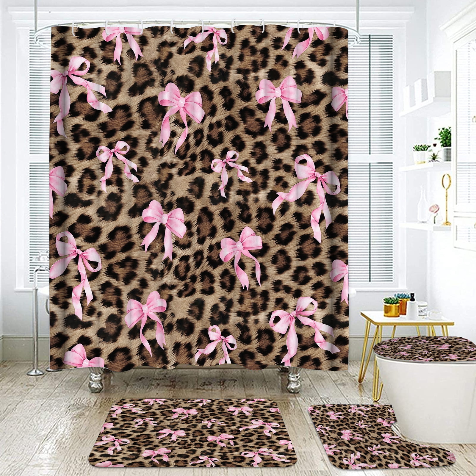 Hadint 4Pcs Brown Pink Leopard Print Bow Pattern Shower Curtain Set, Shower Curtain and Rug Set, 12 Pcs Hooks, 71inx71in