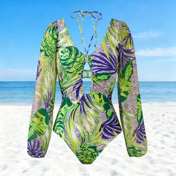 uublik Beach Swimsuit Women Green Athletic Training Swimsuit Long Sleeve Rashguard