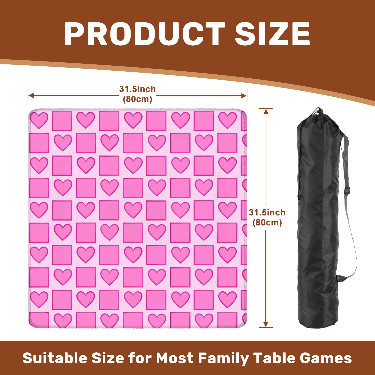 Mahjong Mat 31.5" x 31.5" Pink Heart Square Light Non-Slip Noise Reduction American Mahjong Tiles Table Cover for Dominoes Poker Card Board Games Gift