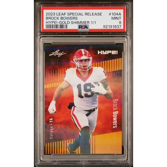PSA 9 Brock Bowers 2023 Leaf Hype! #104A Gold Shimmer 1/1 Rookie Card