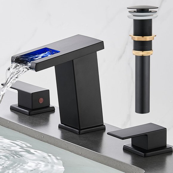 Grifo de baño AVSIILE LED Waterfall con 3 orificios, negro mate, 20 cm