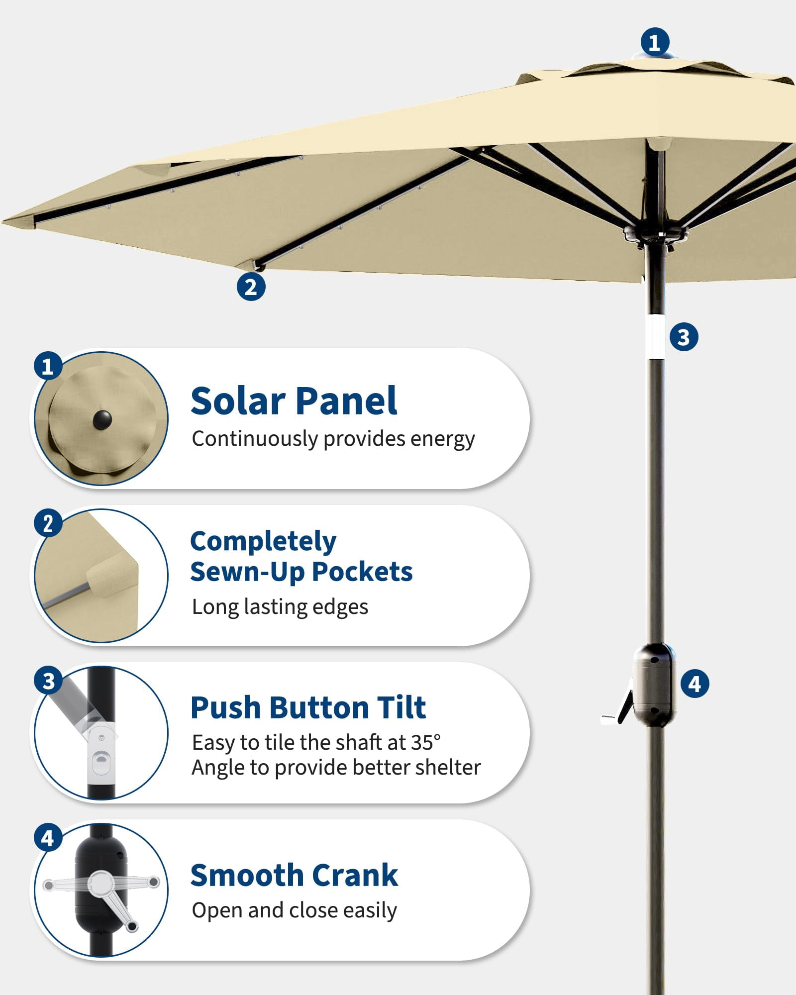 9 Ft Patio Umbrella with Solar Lights, Outdoor Table Umbrella with 32 LED Lights & Tilt Crank, 8 Ribs Market Umbrella for Pool, Deck, Backyard