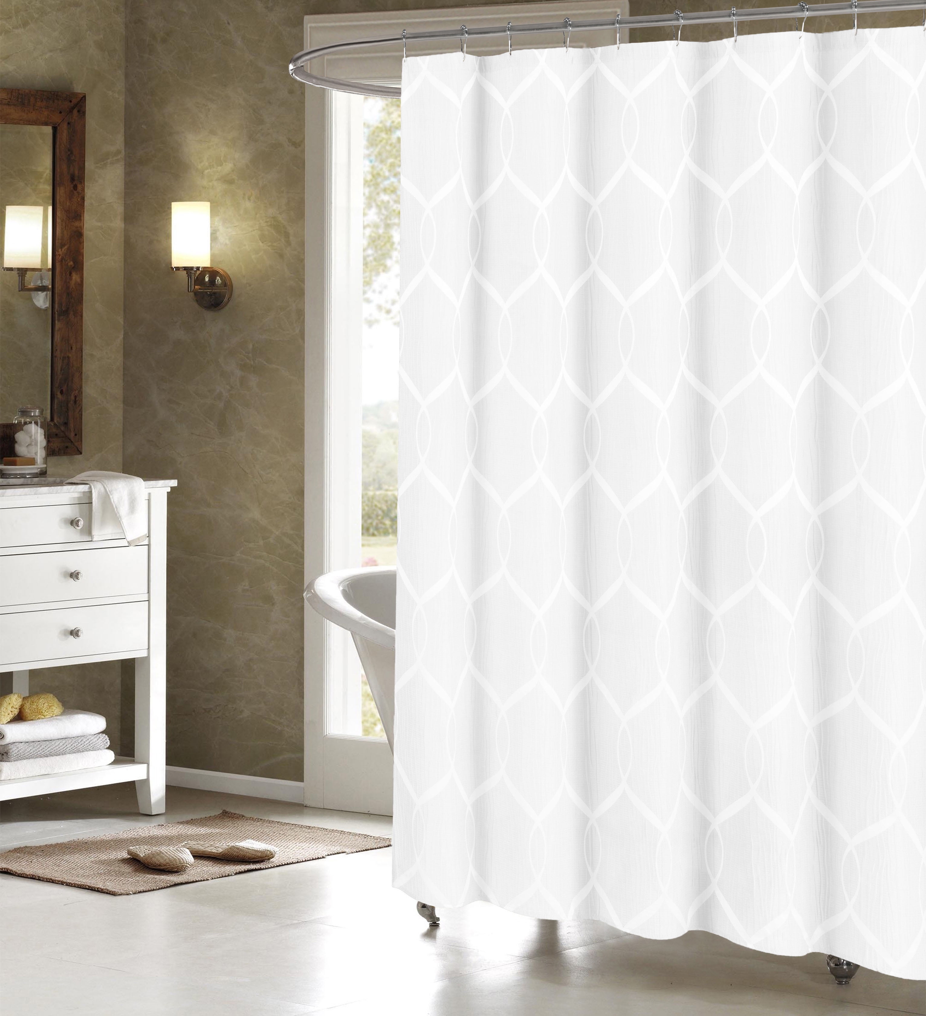 OffWhite Jacquard Fabric Shower Curtain WhiteTrellis Design. 70" x 72