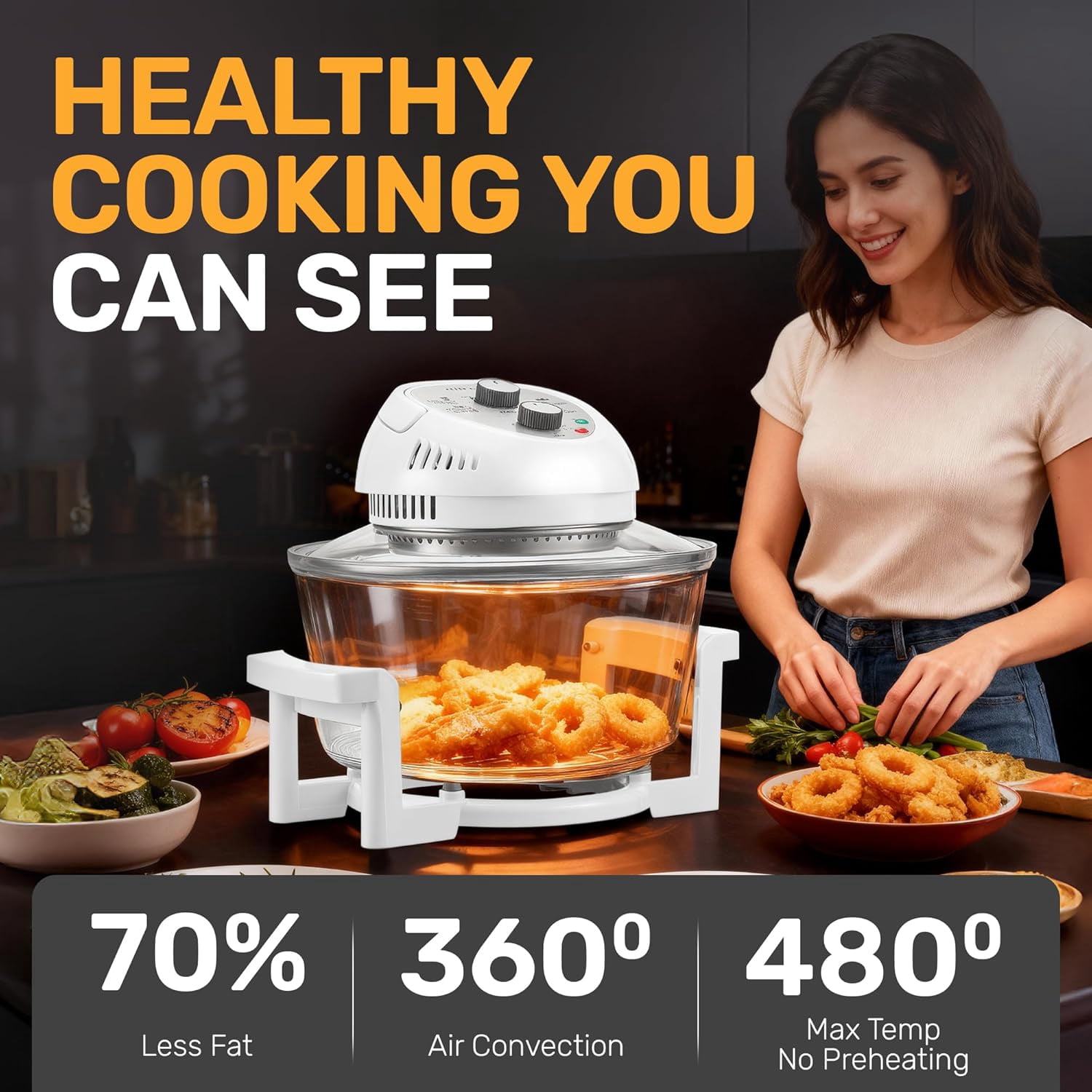 Granitestone Big Boss 16Qt Extra Large Glass Air Fryer Non Toxic – Family Sized 4 in 1 Cooker with 3 Cooking Sections, Stainless Steel Racks for French Fries, Chicken, Self Cleaning, Dishwasher Safe