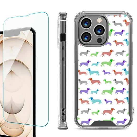 Shockproof Bumper Phone Case for iPhone 13 Pro Max, with Tempered Glass Screen Protector, by OneToughShield ® - Colorful Dachshund/Puppy