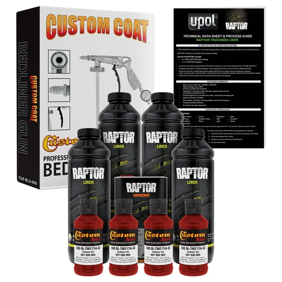 U-POL Raptor Hot Rod Red Urethane Spray-On Truck Bed Liner Kit w/ FREE Custom Coat Spray Gun with Regulator, 4 Liters