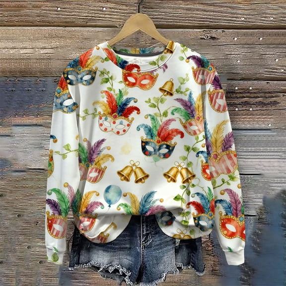 UTSJKR Mardi Gras Sweatshirt Women Crewneck Carnival Pullover Casual Mardi Gras Print Long Sleeve Fleece Top Multicolor XL