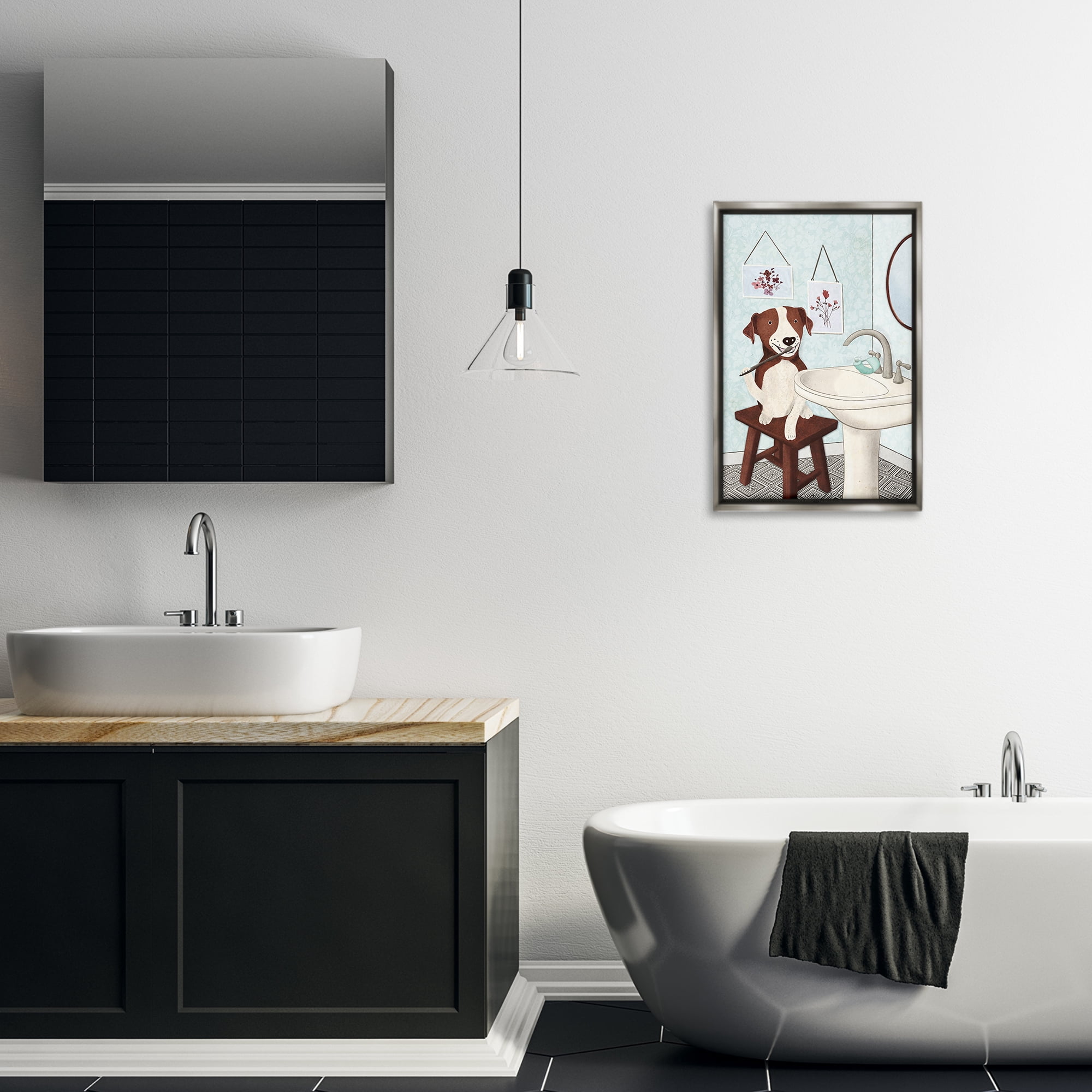 Stupell Industries Dog Brushing Teeth Typography Painting Gray Floater Framed Canvas Art Print Wall Art, 17 x 25