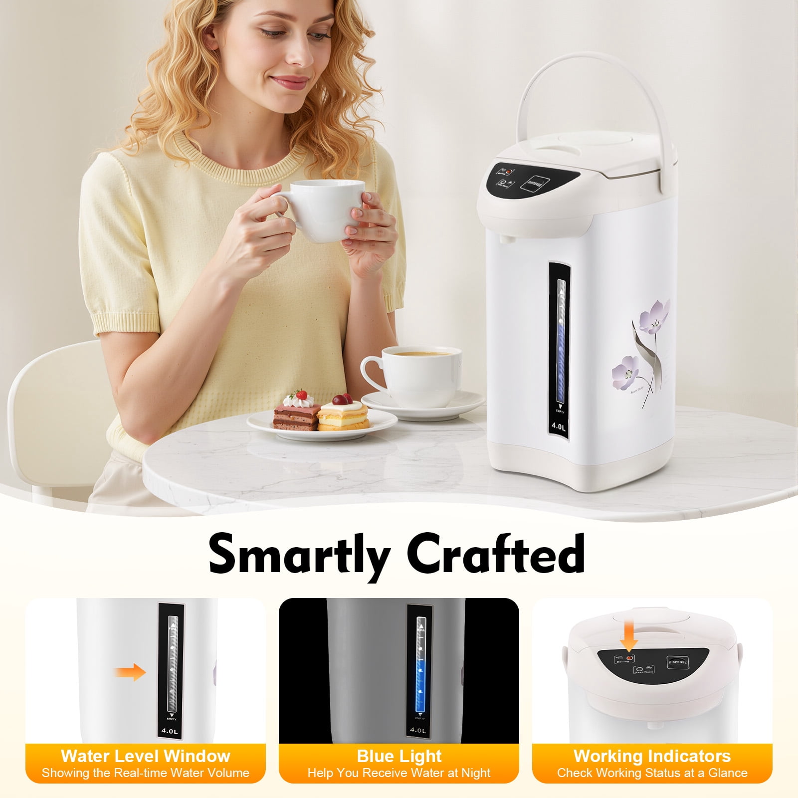 Electric Kettle 135oz 304 Stainless Steel Electric Tea Coffee Kettle, Boiler & Warmer Removable Water Tank 3 Water Dispensing Modes for Home Kitchen