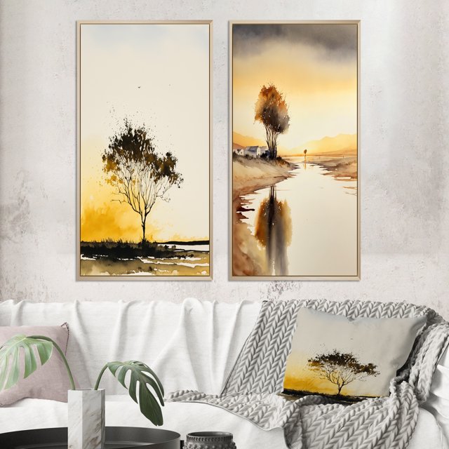Designart "Countryside Tree Silhouette at Sunset I" Landscape Forest Framed Wall Art Set Of 2 - Country Yellow Framed Canvas Set For Living Room Decor