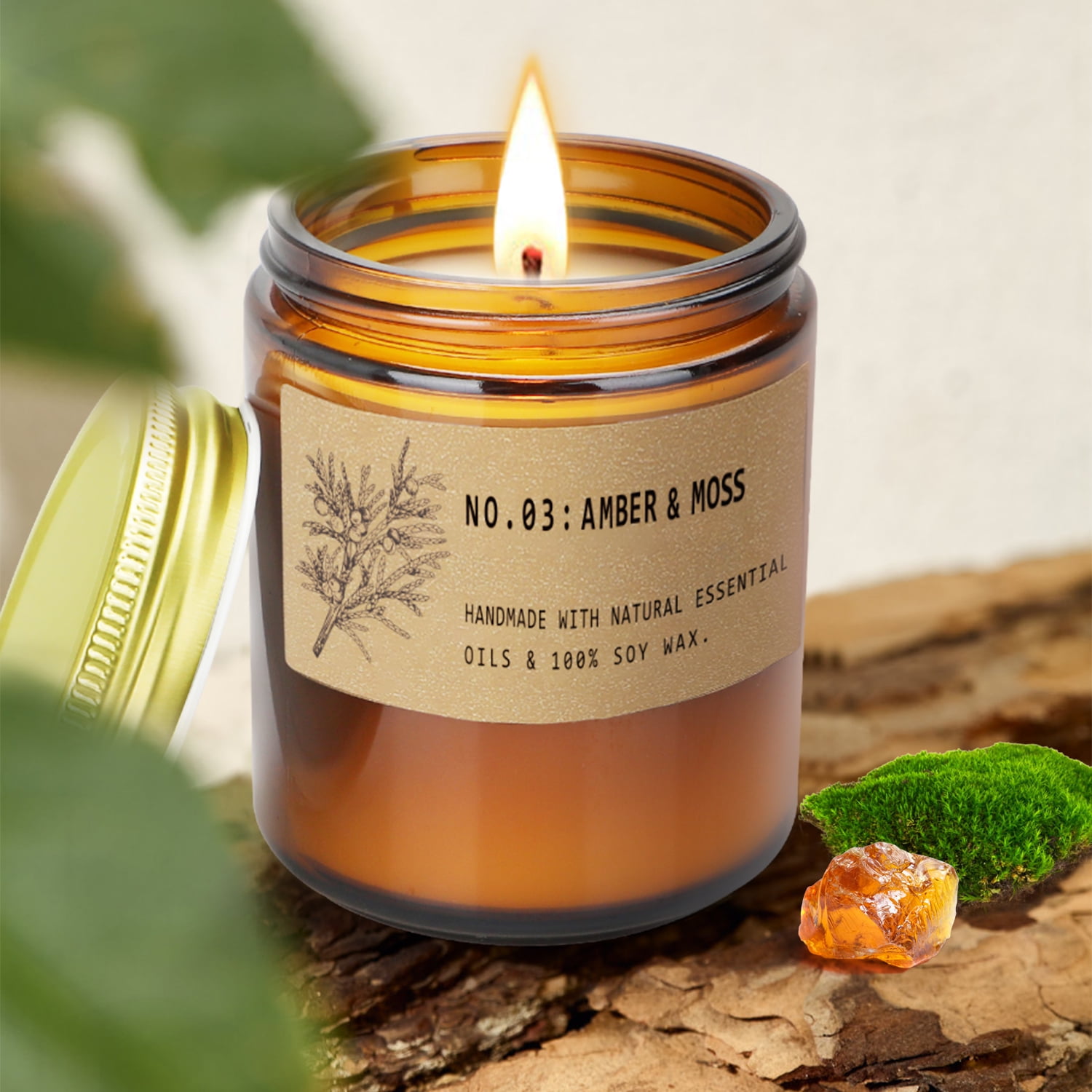 Tag 3-Wick Emerald Jar Candle, Dark Amber & Charred Birch, Size: Approximately 4 x 3.25 x 4, Green