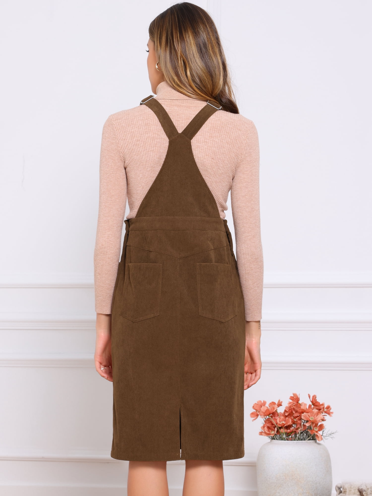 DARING DIVA Midi Pinafore Dress with Adjustable Straps and Pockets X-Small Brown