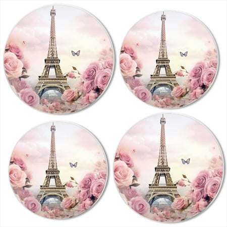 

BaHomeck Electric Stove Burner Covers Set of 4 Round Metal Gas Stove Burner Covers 8 Inch and 10 Inch Kitchen Decor Eiffel Tower Surrounded By Pink Roses