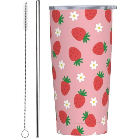 Strawberry Tumbler 20oz Strawberries and Flowers Stainless Steel Insulated Tumblers with Lid and Straw Pink Travel Coffee Mug Tea Wine Cups Water Bottle Strawberry Gifts for Women