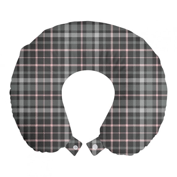 Abstract Travel Pillow Neck Rest, Plaid Inspired Classic Design of Diagonal Streaks Composing Squares, Memory Foam Traveling Accessory Airplane and Car, 12", Blush Grey and Pale Grey, by Ambesonne