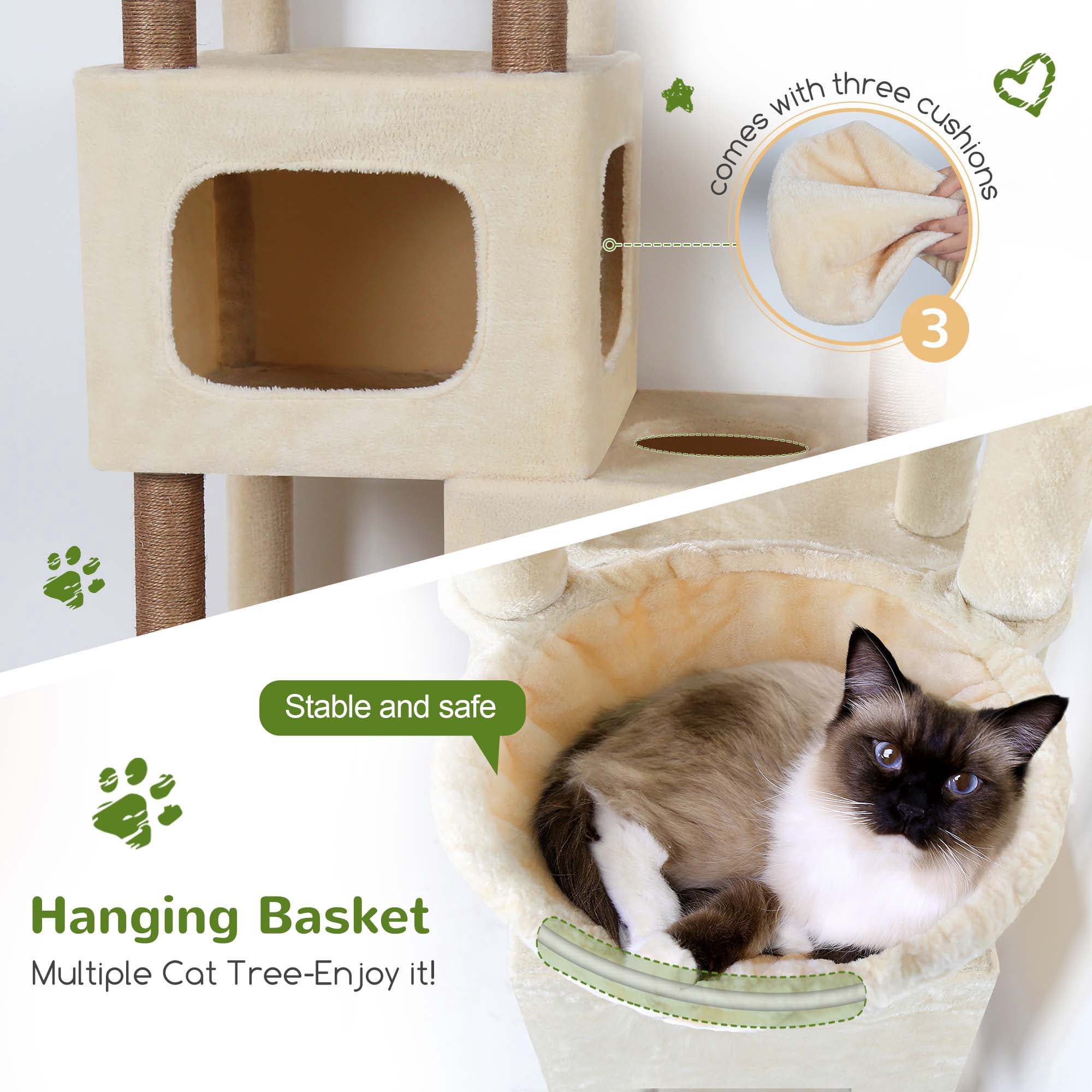 Globlazer Big Cat Tree Tower，85in Multi-Level Tall Cat Tree Tower Indoor for Multiple Adult Cats with Scratching Post, 3 Perches, 3 Condos, 2 Hanging Basket, S85,Beige