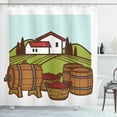 thumbnail image 1 of Alcohol Shower Curtain, Viticulture Theme Retro Vineyard with Fermentation Barrels and Grape Harvest Design, Fabric Bathroom Set with Hooks, 69W X 70L Inches, Multicolor, by Ambesonne, 1 of 3