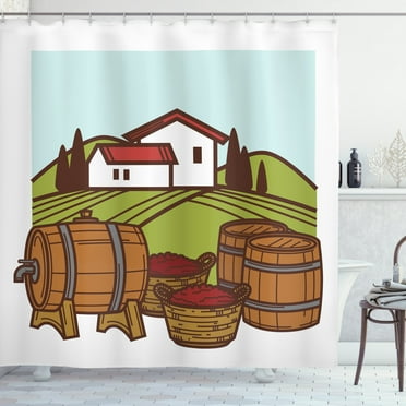 Alcohol Shower Curtain, Viticulture Theme Retro Vineyard with Fermentation Barrels and Grape Harvest Design, Fabric Bathroom Set with Hooks, 69W X 70L Inches, Multicolor, by Ambesonne
