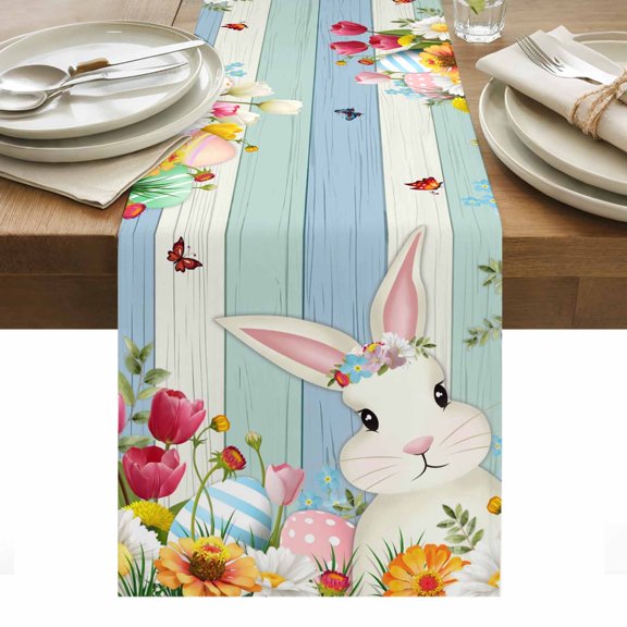 Easter Bunny Table Runner - 120 Inch Long, Kitchen Dining Table Runner Dresser Scarves, Spring Watercolor Eggs Flower Wood Grain Farmhouse Decor for Coffee Tables Wedding Party Banquet