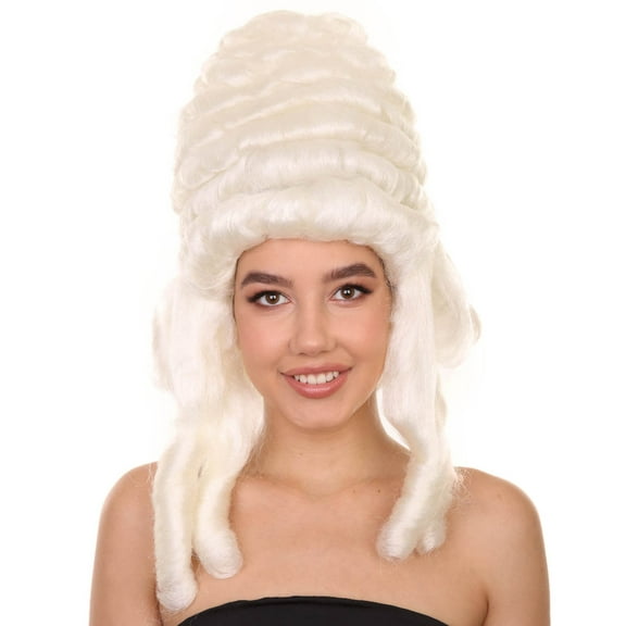 HPO Adult Women's Colonial Lady's 18th Century Curly Wig | White Color Historical Cosplay Wig | Premium Breathable Capless Cap