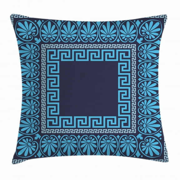 Greek Key Throw Pillow Cushion Cover, Grecian Meandros Pattern with Intricate Lines Floral Figures in Blue Shades, Decorative Square Accent Pillow Case, 20 X 20 Inches, Blue Dark Blue, by Ambesonne