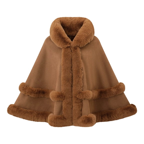 Samdudou Womens Winter Coats Thick Cloak Elegant Cape Outerwear Faux Fur Trimmed Shawl with Layered Fluffy Detailing for Cold Days Outdoor Occasions Sophisticated Look
