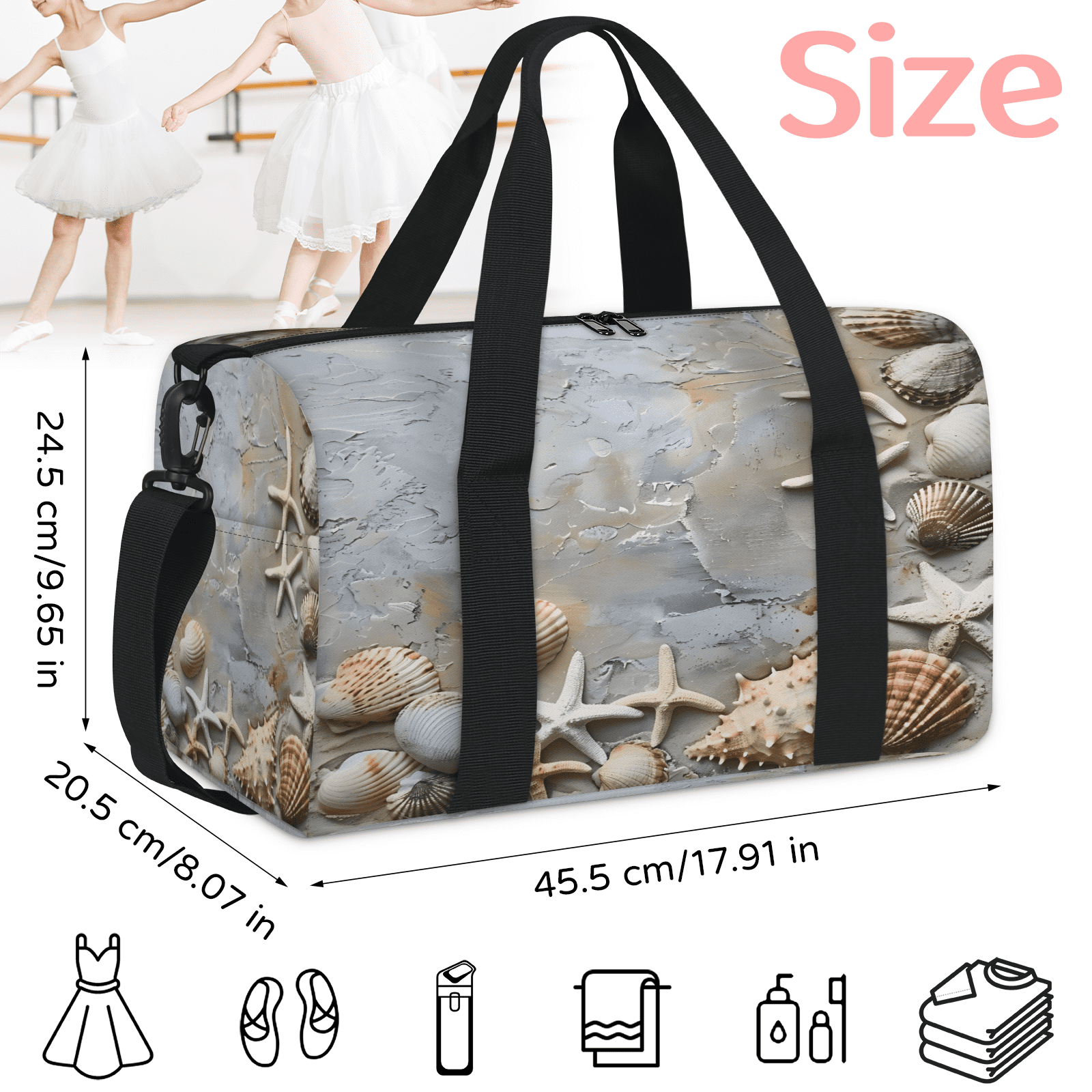 Herdesigns Seashell Starfish Ocean Beach Gym Bag for Women, Duffle Bag for Travel Sport, Lightweight Waterproof Carry on Weekender Overnight Dance Yoga Workout Bags
