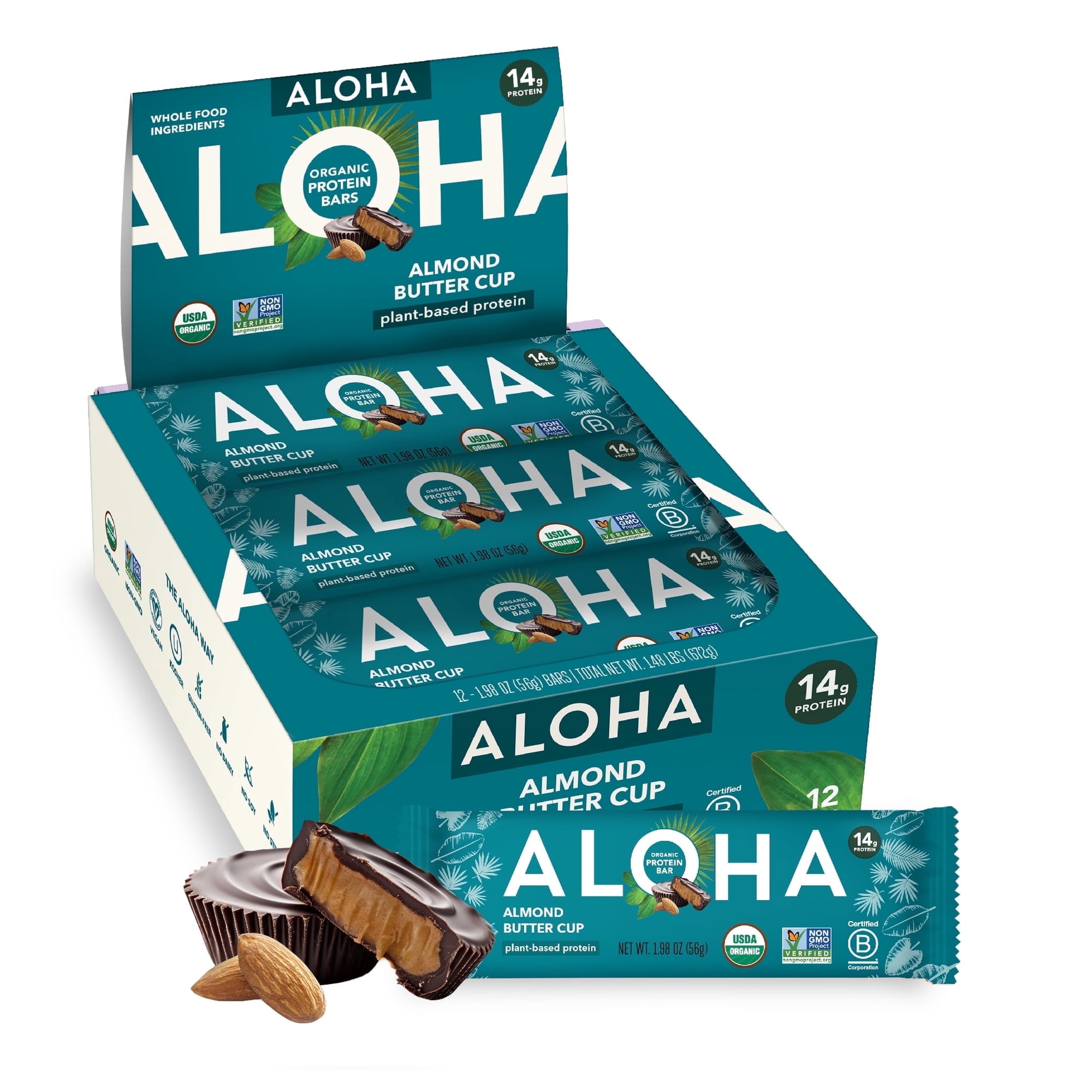 ALOHA, Organic Plant Based Protein Bars, Almond Butter Cup, 14g Protein (Pack of 12)