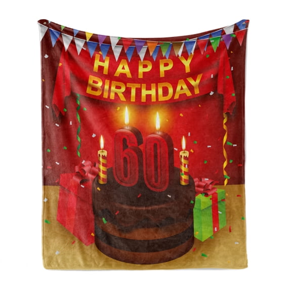 60th Birthday Soft Flannel Fleece Throw Blanket, Party Theme Show Inspired Curtains and Cakes Box Art Colorful Print, Cozy Plush for Indoor and Outdoor Use, 50" x 60", Multicolor, by Ambesonne