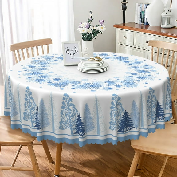 Nanqianyi Blue Snowflake Christmas Tablecloth Round 70 inch, Winter XMAS Tree Printed Washable Table Cloth for Festive Party Kitchen Decoration