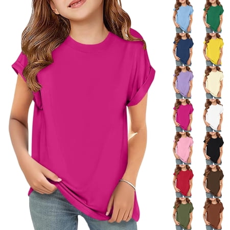 Girls Short Sleeve T Shirts Kids Crewneck Curve Hem Soft Tunic Tops Summer Tees Light Purple 140